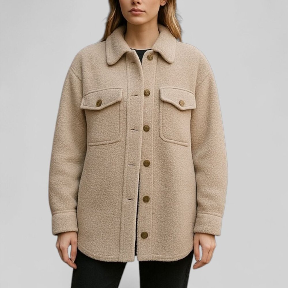 JOIE Sherpa Teddy Shacket Jacket Shirt Light Tan Faux Suede Lining Womens Sz M